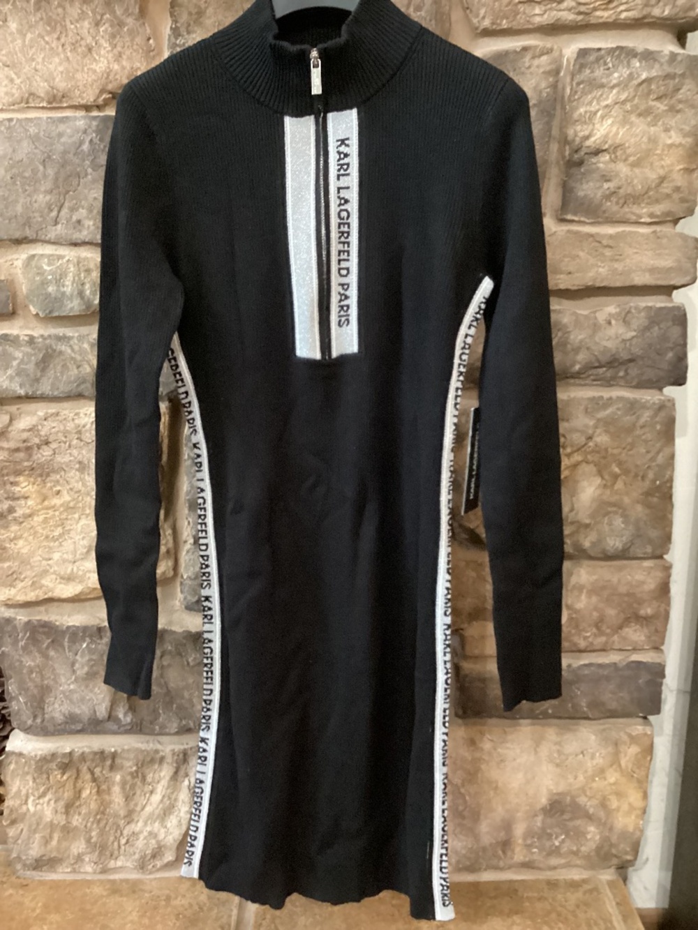 Karl Lagerfeld Paris Sweater Dress Women Small Black Logo 3/4 Zip Sleeves NWT